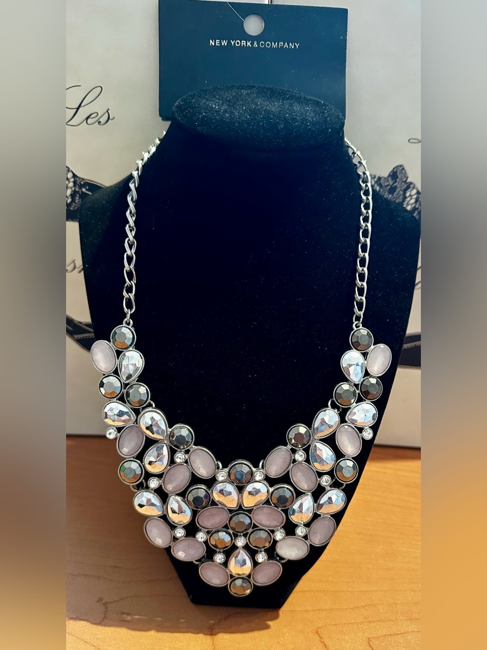 New York & Company Silver-Tone Necklace with Pale Pink and Clear Stones
